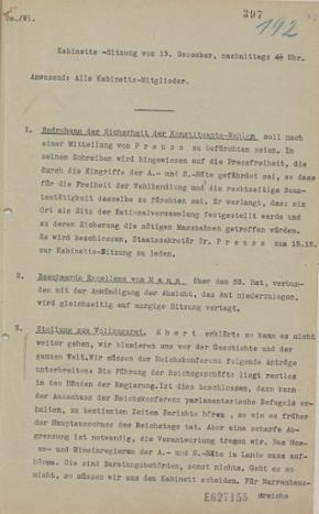 Protokoll der Kabinettsitzung vom 13. Dezember 1918, S.1